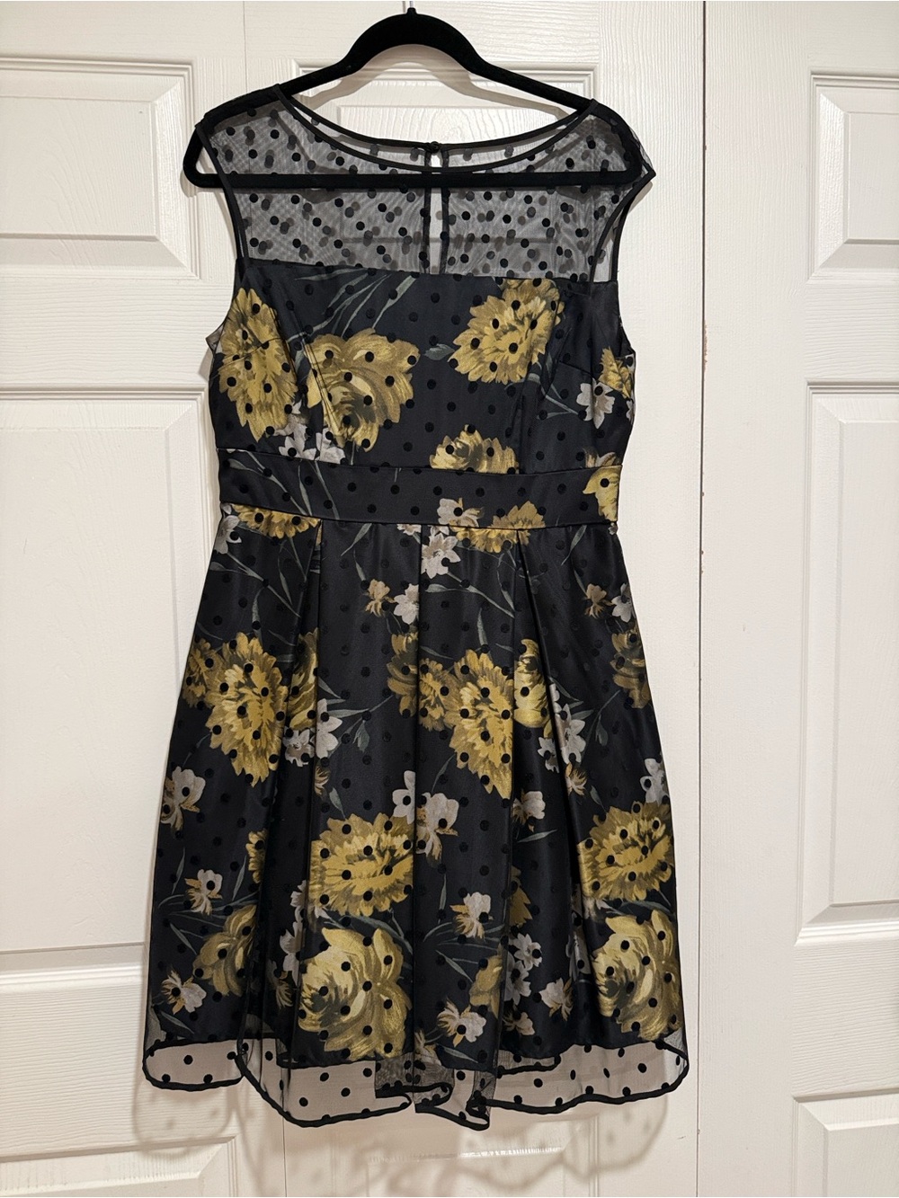 Eliza J Black Polka Dot Fit & Flare Dress with Gold Floral Motif